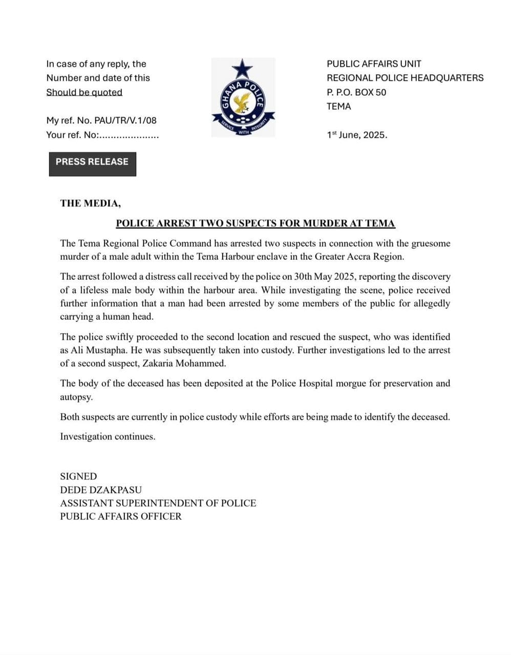 Two Arrested in Connection with Gruesome Murder at Tema Harbour ...
